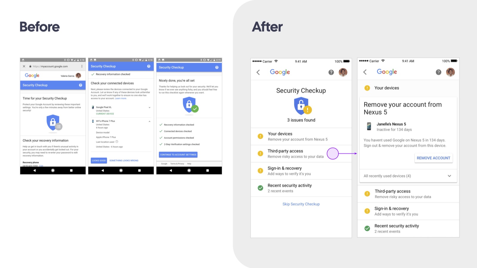Before and after: a generic Security Checkup checklist versus an opinionated, severity-sorted issues list leading straight to the fix
