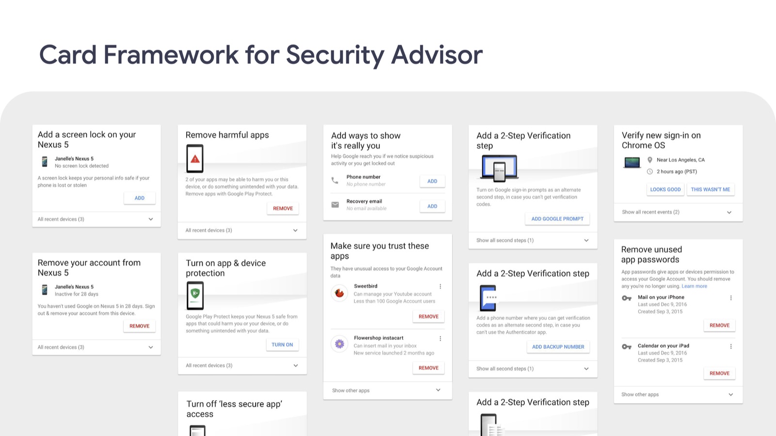 Card framework for Security Advisor showing ten distinct actionable security advice card types